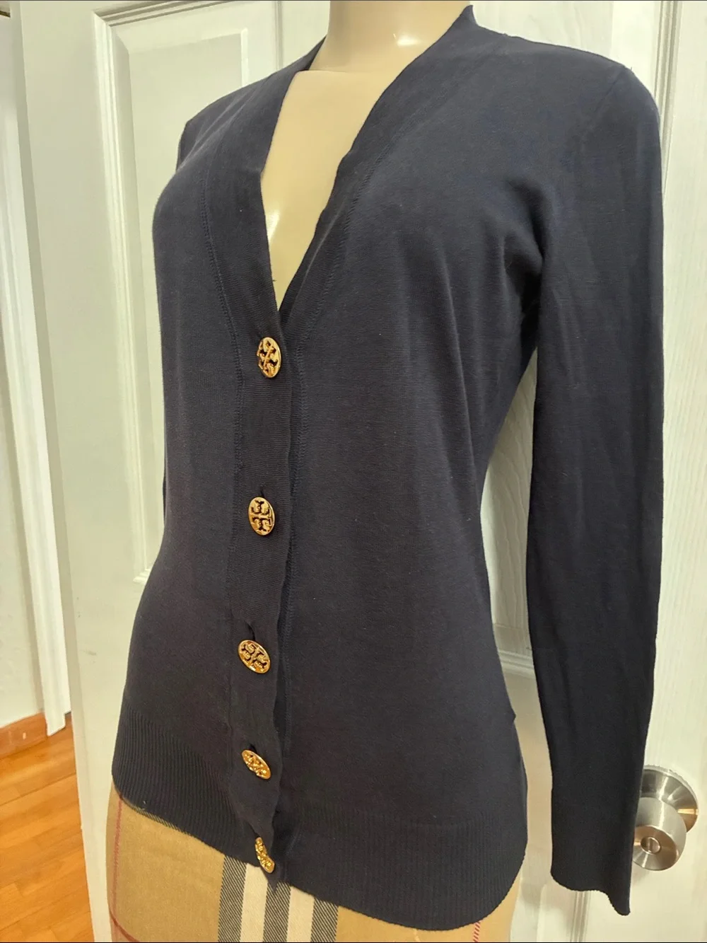 Tory Burch Navy Button-Front V-Neck Cardigan with Logo Buttons